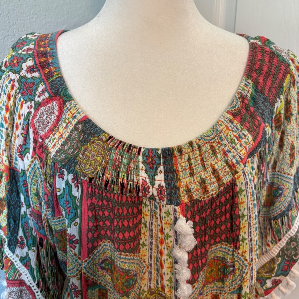 Ali Miles Patchwork Paisley Pom Pom Trim Flutter Sleeve Multicolor Print Top XL - Picture 5 of 16